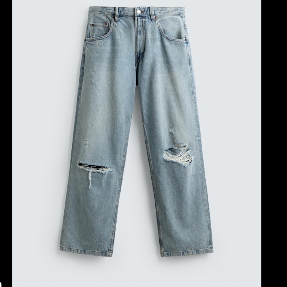 Zara High-Rise Straight Leg Distressed Jeans ripped hem light wash